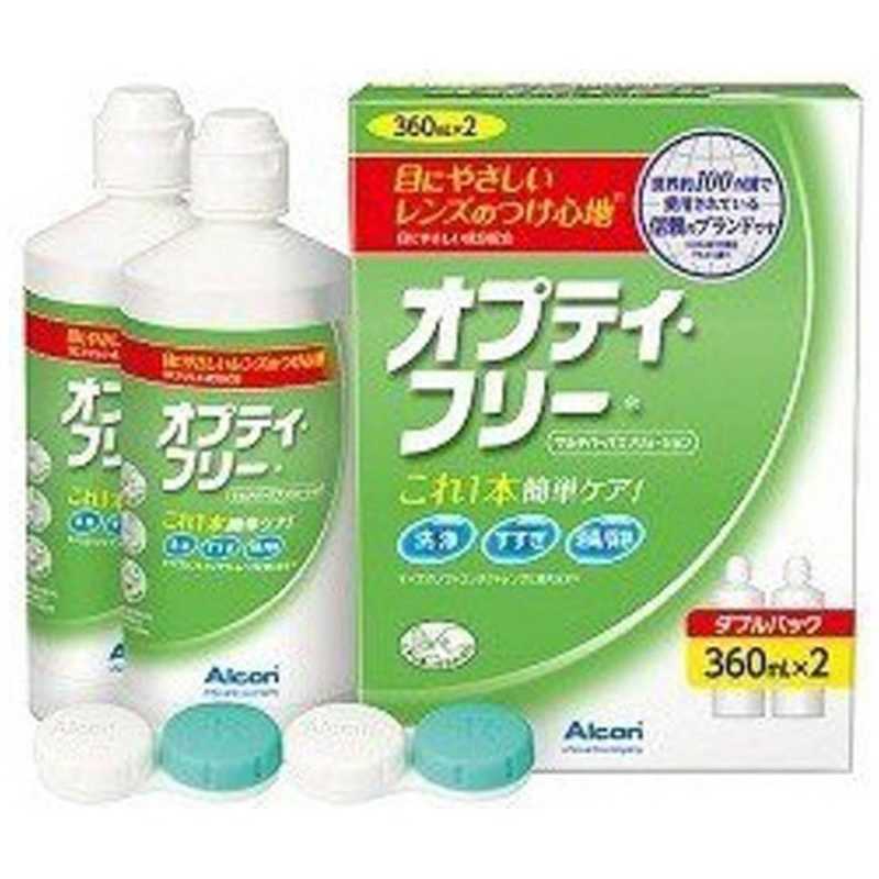 【商品解説】目にやさしいレンズのつけごこち洗浄からすすぎ消毒保存まで、全てがこの1本でケアできます。洗浄成分は「クエン酸」です。クエン酸がたんぱく質を引き寄せて除去し、さらにこすり洗いをすることで、洗浄効果を高めます。消毒成分「ポリクォッド」は、レンズの隙間に入り込みにくい分子サイズのため、目に刺激を与えることが少ない消毒成分です。【成分】1ml中塩化ポリドロニウム0．011mg含有、安定化剤（エデト酸塩）、緩衝剤、等張化剤、pH調整剤【スペック】●型式：ダブルパック(360mL×2)（オプティフリーダブルパック（36）●JANコード：4961889090581仕様1：【容量・入り数】360mL×2本、専用ケース付き【成分】1mL中、塩化ポリドロニウム0.011mg含有、安定化剤（エデト酸塩）、緩衝剤、等張化剤、pH調整剤【対応レンズ】ソフトコンタクトレンズ（グループI〜IV）【種類】コールド消毒剤（マルチパーパスソリューション）【用途】ソフトコンタクトレンズ用洗浄・すすぎ・消毒・保存液この商品は宅配便でお届けする商品です出荷可能日から最短日時でお届けします。※出荷完了次第メールをお送りします。配送サービス提供エリアを調べることができます「エリア検索」をクリックして、表示された画面にお届け先の郵便番号7桁を入力してください。ご購入可能エリア検索お買い上げ合計3,980円以上で送料無料となります。※3,980円未満の場合は、一律550円（税込）となります。●出荷可能日から最短日時でお届けします。（日時指定は出来ません。）　※お届け時に不在だった場合は、「ご不在連絡票」が投函されます。　「ご不在連絡票」に記載された宅配業者の連絡先へ、再配達のご依頼をお願いいたします。●お届けは玄関先までとなります。●宅配便でお届けする商品をご購入の場合、不用品リサイクル回収はお受けしておりません。●全て揃い次第の出荷となりますので、2種類以上、または2個以上でのご注文の場合、出荷が遅れる場合があります。詳細はこちら■商品のお届けについて商品の到着日については、出荷完了メール内のリンク（宅配業者お荷物お問い合わせサービス）にてご確認ください。詳しいお届け目安を確認する1度の注文で複数の配送先にお届けすることは出来ません。※注文時に「複数の送付先に送る」で2箇所以上への配送先を設定した場合、すべてキャンセルとさせていただきます。