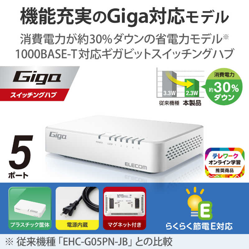 エレコム　ELECOM　 スイッチングハブ LAN ハブ 5ポート Giga対応 1000/100/10Mbps マグネット付 電源内蔵 ファンレス 静音 省エネ機能 壁掛け設置対応 ホワイト　EHC-G05PN4-JW 2