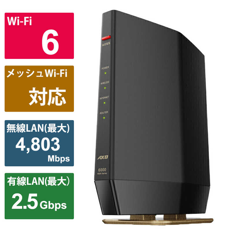 BUFFALO　Wi-Fiルーター 4803＋1146Mbps AirStation(ネット脅威ブロッカー2対応・プレミアムモデル) ［Wi-Fi 6(ax) /IPv6対応］ マットブラック　WSR-6000AX8P-MB