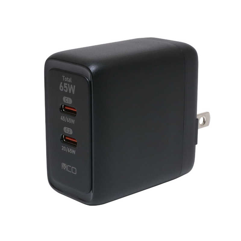 GaN採用 USB PD対応 USB-ACアダプタ 65W 2ポートタイプ IPAC08BK