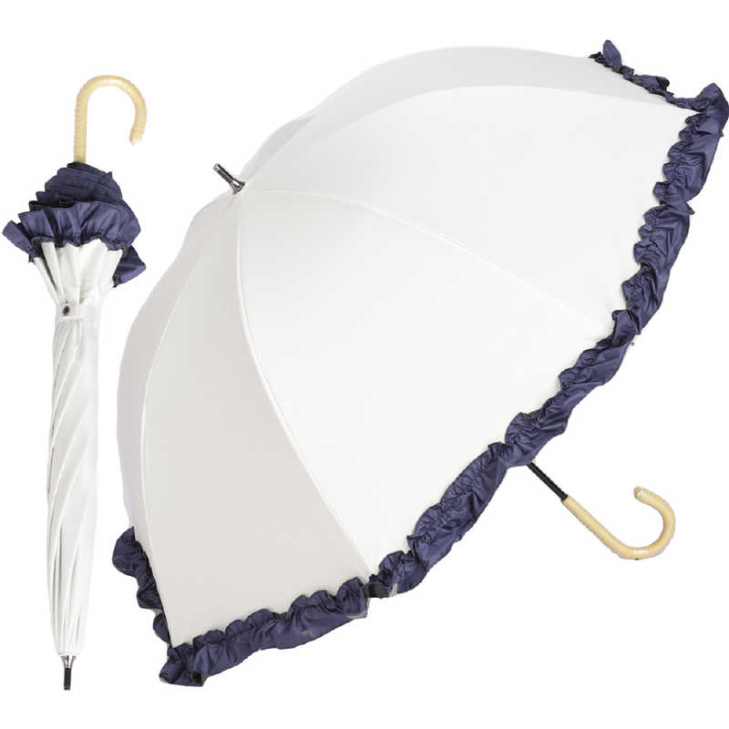 KIZAWA　ショート丈日傘 50cm ラタンハンドル 深張り シングルフリル ［晴雨兼用傘 /50cm］ オフ×ネイビー　M50DQ-081API-off-navy