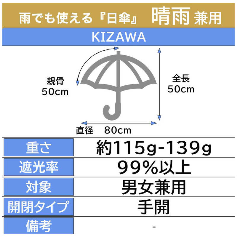 KIZAWA　超軽量カーボン日傘 5本骨 モダンパイピング ［晴雨兼用傘 /50cm］ グレー　MEX50AL-053PI-grey