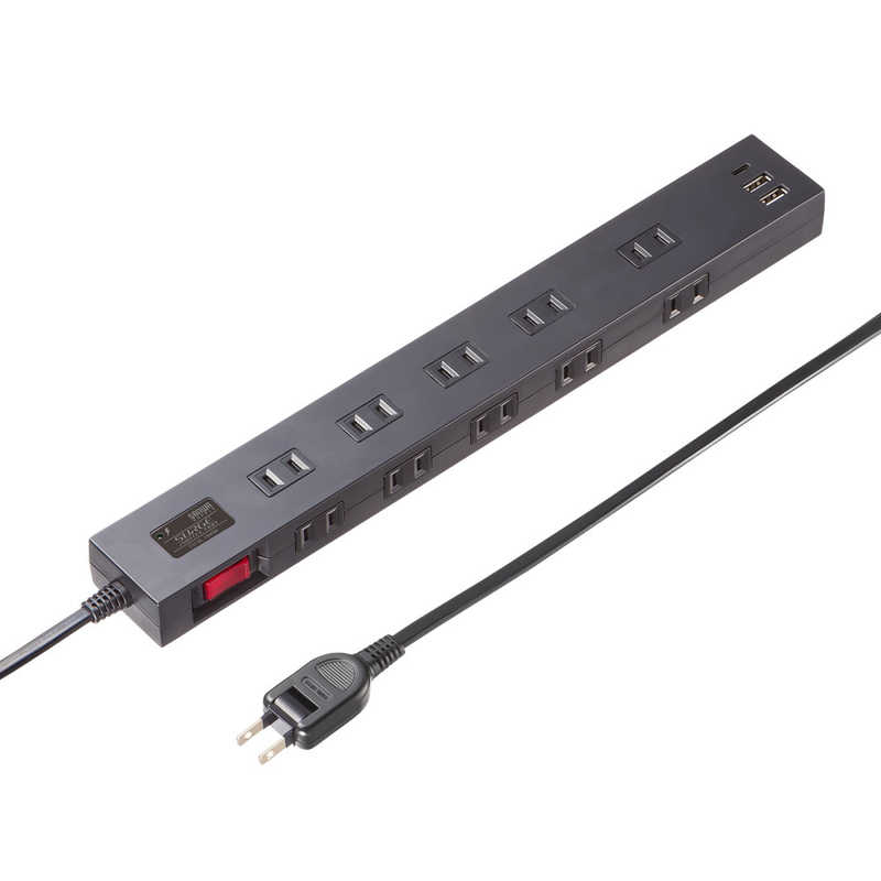サンワサプライ 雷タップ 10個口＋USB-A＋Type-C(PD20W) TAP-SP2110NUC-1BK