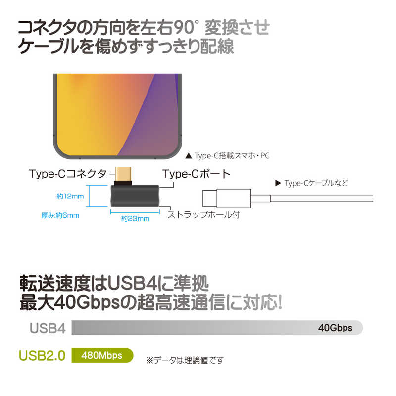 フリーダム　Type-C変換アダプター 水平L型(オス-メス) PD EPR240W　FUSB-CCA02FL
