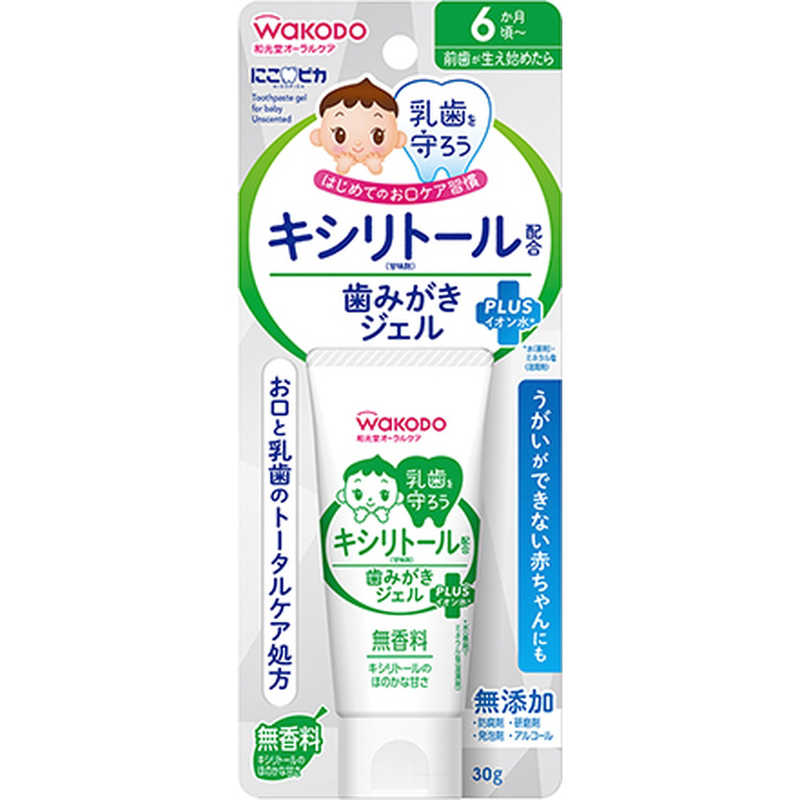 【商品解説】虫歯の発生と進行を予防するフッ素配合入りのりんご味の歯みがきジェル【スペック】●型式：（ニコピカハミガキジェルムコウ）●JANコード：4987244600967タイプ：子ども用内容量(g)：30味：無香料研磨剤：研磨剤なし成分1：水(基剤)、ソルビット・濃グリセリン(湿潤剤)、カルボキシメチルセルロースナトリウム・キサンタンガム(粘結剤)、PG(湿潤剤)、ホスホリルオリゴ糖Ca(湿潤剤)、乳酸桿菌溶解質(湿潤剤)、デキストリン(湿潤剤)、ミネラル塩(湿潤剤)この商品は宅配便でお届けする商品です出荷可能日から最短日時でお届けします。※出荷完了次第メールをお送りします。配送サービス提供エリアを調べることができます「エリア検索」をクリックして、表示された画面にお届け先の郵便番号7桁を入力してください。ご購入可能エリア検索お買い上げ合計3,980円以上で送料無料となります。※3,980円未満の場合は、一律550円（税込）となります。●出荷可能日から最短日時でお届けします。（日時指定は出来ません。）　※お届け時に不在だった場合は、「ご不在連絡票」が投函されます。　「ご不在連絡票」に記載された宅配業者の連絡先へ、再配達のご依頼をお願いいたします。●お届けは玄関先までとなります。●宅配便でお届けする商品をご購入の場合、不用品リサイクル回収はお受けしておりません。●全て揃い次第の出荷となりますので、2種類以上、または2個以上でのご注文の場合、出荷が遅れる場合があります。詳細はこちら■商品のお届けについて商品の到着日については、出荷完了メール内のリンク（宅配業者お荷物お問い合わせサービス）にてご確認ください。詳しいお届け目安を確認する1度の注文で複数の配送先にお届けすることは出来ません。※注文時に「複数の送付先に送る」で2箇所以上への配送先を設定した場合、すべてキャンセルとさせていただきます。