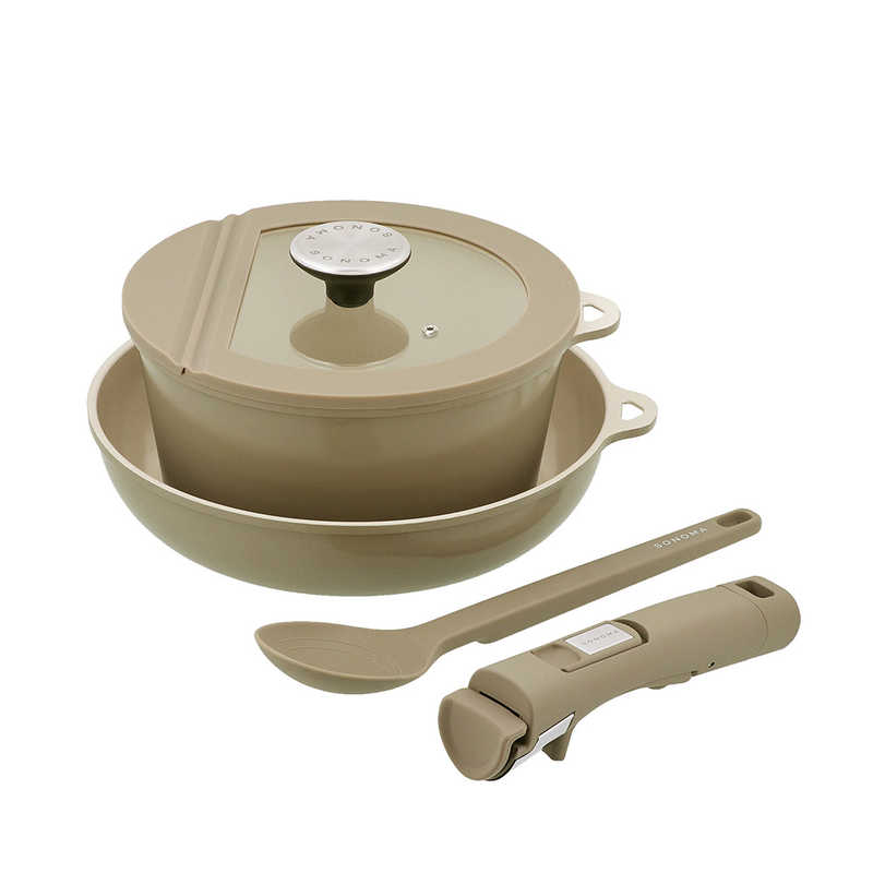 ベストコ　フライパン ポット ガラス蓋 ハンドル スプーン 5点セット IH ガス火対応 SONOMA ソノマ グレージュ　LV-0402