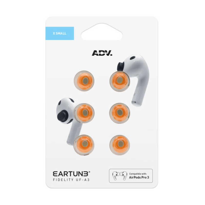 【商品解説】AirPods Pro3（第3世代）用 高密度メモリーフォームイヤーピース オレンジ XSMALL 3ペア ・EARTUNE FIDELITY（イヤーチューン・フィデリティ）メモリーフォームEARTUNEはADV.が展開するオーディオ用イヤーピースや音響フィルターなどの専門ブランドです。FIDELITY UF-A3はAirPods Pro3専用に設計された低反発フォームイヤーピースで、形状記憶特性により、耳に快適にフィットし、優れた快適性と遮音性が特徴です。※AirPods本体は付属しません。・ANC（アクティブノイズキャンセリング）効果の向上密度の高いフォーム素材によって高い遮音性が引き出され、音質およびANC効果が向上します。・メッシュフィルター本体への微小な異物侵入を防ぐメッシュフィルター付。・AirPods Pro 3専用設計AirPods Pro 3の充電ケース内に干渉なく収納できるよう設計されています。・サイズは4種類XSmall / Small / Medium / Large【スペック】●型式：ADVETFUFA3XS-ORG（ADVETFUFA3XSORG）●JANコード：0045934190038仕様1：品番： ADVETFUFA3XS-ORG製品素材： 高密度メモリーフォーム対応機種： AirPods Pro 3（第3世代）製品パッケージ質量： 10gこの商品は宅配便でお届けする商品です出荷可能日から最短日時でお届けします。※出荷完了次第メールをお送りします。配送サービス提供エリアを調べることができます「エリア検索」をクリックして、表示された画面にお届け先の郵便番号7桁を入力してください。ご購入可能エリア検索お買い上げ合計3,980円以上で送料無料となります。※3,980円未満の場合は、一律550円（税込）となります。●出荷可能日から最短日時でお届けします。（日時指定は出来ません。）　※お届け時に不在だった場合は、「ご不在連絡票」が投函されます。　「ご不在連絡票」に記載された宅配業者の連絡先へ、再配達のご依頼をお願いいたします。●お届けは玄関先までとなります。●宅配便でお届けする商品をご購入の場合、不用品リサイクル回収はお受けしておりません。●全て揃い次第の出荷となりますので、2種類以上、または2個以上でのご注文の場合、出荷が遅れる場合があります。詳細はこちら■商品のお届けについて商品の到着日については、出荷完了メール内のリンク（宅配業者お荷物お問い合わせサービス）にてご確認ください。詳しいお届け目安を確認する1度の注文で複数の配送先にお届けすることは出来ません。※注文時に「複数の送付先に送る」で2箇所以上への配送先を設定した場合、すべてキャンセルとさせていただきます。