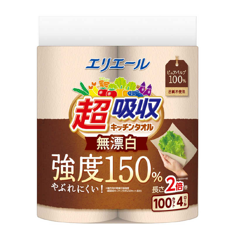 【商品解説】●強度150％やぶれにくい！ ※縦方向の乾燥引張強度（超吸収キッチンタオル50カット品比）●安心感の高い無漂白タイプ。●独自開発エンボス加工の空間に油をキープし、裏抜けしにくい！ ※当社従来品との比較（当社調べ）●キッチンを華やかにするクローバー柄エンボス加工！●水をぐんぐん吸うのにやぶれにくい！●ふき取りにも便利。●電子レンジ（レンジ機能のみ）にも使用可能。●パルプ100％。【スペック】●型式：EチヨウKTムヒヨウハク4（EチヨウKTムヒヨウハク4）●JANコード：4902011126488【注意事項・特記事項】※キャンペーンやパッケージリニューアル等で掲載画像とは異なる場合があります。※開封後の返品や商品交換はお受けできません。この商品は宅配便でお届けする商品です出荷可能日から最短日時でお届けします。※出荷完了次第メールをお送りします。配送サービス提供エリアを調べることができます「エリア検索」をクリックして、表示された画面にお届け先の郵便番号7桁を入力してください。ご購入可能エリア検索お買い上げ合計3,980円以上で送料無料となります。※3,980円未満の場合は、一律550円（税込）となります。●出荷可能日から最短日時でお届けします。（日時指定は出来ません。）　※お届け時に不在だった場合は、「ご不在連絡票」が投函されます。　「ご不在連絡票」に記載された宅配業者の連絡先へ、再配達のご依頼をお願いいたします。●お届けは玄関先までとなります。●宅配便でお届けする商品をご購入の場合、不用品リサイクル回収はお受けしておりません。●全て揃い次第の出荷となりますので、2種類以上、または2個以上でのご注文の場合、出荷が遅れる場合があります。詳細はこちら■商品のお届けについて商品の到着日については、出荷完了メール内のリンク（宅配業者お荷物お問い合わせサービス）にてご確認ください。詳しいお届け目安を確認する1度の注文で複数の配送先にお届けすることは出来ません。※注文時に「複数の送付先に送る」で2箇所以上への配送先を設定した場合、すべてキャンセルとさせていただきます。