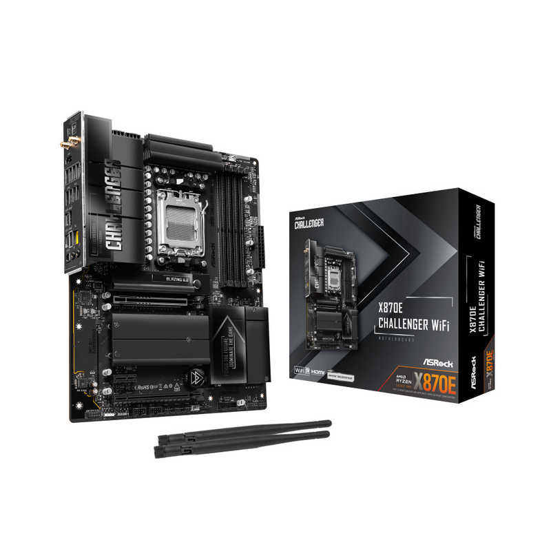 【商品解説】AMD X870Eチップセット搭載。高品質コンポーネントを搭載するゲーミングPCに最適なATXマザーボード●AMD X870Eチップセット搭載●AMD Ryzen 9000/8000/7000シリーズプロセッサ対応●ATXフォームファクター●DDR5-8200 オーバークロックメモリに対応●PCI Express 5.0 x16スロットを搭載●Blazing M.2スロット、Hyper M.2スロットを装備●ツールレスのM.2 SSD用ヒートシンクを搭載●USB4、HDMI 映像出力端子装備●最大40GbpsのUSB4ポートを搭載●5ギガビットLAN、Wi-Fi 7モジュールを搭載●ゲーマー向けに最適化されたLightningゲーミングポートを搭載●コネクタを補強し信号伝達を安定させる「Steel Slot」●ライティングをカスタマイズできる「Polychrome RGB」【スペック】●型式：X870ECHALLENGERWIFI（X870ECHALLENGERWIFI）●JANコード：4711581493872付属品：2x SATAフラットケーブル2x ASRock WiFi 2.4/5/6 GHz アンテナその他I/Oポート詳細：［インターフェース］オーディオジャック×2（Realtek ALC4082）オプティカル S/PDIFポート×1［映像出力］HDMI×1USB4×2LAN：［LAN］5ギガビットイーサネット×1（Realtek RTL8126）［無線機能］Wi-Fiアンテナ用ポート×2Wi-Fi 7 802.11be MU-MIMO Wi-Fi、Bluetooth 5.4USB：USB4×2（Type-C×2）USB 20Gbps×1（Type-C 内部コネクタ×1）USB 10Gbps×5（Type-A×5）USB 5Gbps×7（Type-A×3、ヘッダピン×4）USB 2.0×6（Type-A×2、ヘッダピン×4）仕様1：［チップセット］AMD X870E［対応CPU］Socket AM5（AMD Ryzen 9000/8000/7000シリーズプロセッサ対応）［フォームファクター］ATX［対応OS］Windows 11/10 64bit［メモリソケット］DDR5 DIMM×4（最大256GB）、DDR5-8200(OC)対応［サウンド］7.1ch HD Audio Codec Nahimic Audio対応仕様2：［拡張スロット］PCI Express 5.0 x16スロット×1PCI Express 3.0 x2スロット×1（形状はx16）PCI Express 3.0 x1スロット×1M.2スロット×1（Wi-Fiモジュール占有）［ストレージ］M.2 128Gbps×1M.2 64Gbps×3SATA 6Gbps×2［対応RAID］RAID 0.1（SATA）RAID 0.1.10（M.2 PCIeデバイス）この商品は宅配便でお届けする商品です出荷可能日から最短日時でお届けします。※出荷完了次第メールをお送りします。配送サービス提供エリアを調べることができます「エリア検索」をクリックして、表示された画面にお届け先の郵便番号7桁を入力してください。ご購入可能エリア検索お買い上げ合計3,980円以上で送料無料となります。※3,980円未満の場合は、一律550円（税込）となります。●出荷可能日から最短日時でお届けします。（日時指定は出来ません。）　※お届け時に不在だった場合は、「ご不在連絡票」が投函されます。　「ご不在連絡票」に記載された宅配業者の連絡先へ、再配達のご依頼をお願いいたします。●お届けは玄関先までとなります。●宅配便でお届けする商品をご購入の場合、不用品リサイクル回収はお受けしておりません。●全て揃い次第の出荷となりますので、2種類以上、または2個以上でのご注文の場合、出荷が遅れる場合があります。詳細はこちら■商品のお届けについて商品の到着日については、出荷完了メール内のリンク（宅配業者お荷物お問い合わせサービス）にてご確認ください。詳しいお届け目安を確認する1度の注文で複数の配送先にお届けすることは出来ません。※注文時に「複数の送付先に送る」で2箇所以上への配送先を設定した場合、すべてキャンセルとさせていただきます。
