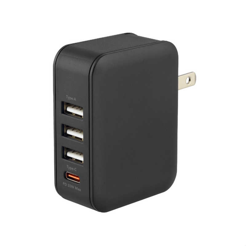 【商品解説】●合計出力32Wの超高速充電に対応したコンパクトなAC充電器PD20W対応のUSB Type-C×1ポートと合計最大2.4AのUSB Type-A×3ポートを持ち、4ポートの合計出力32W(20W+12W)により、超高速充電に対応したAC充電器です。●スマートフォンやタブレットを高速充電、USB Power Delivery対応スマートフォンやタブレットの急速充電ができ、充電時間の短縮ができます。※急速充電に対応した端末のみ●高出力なのにコンパクト、収納式のコンセントプラグで持ち運びに便利 本体に収納できる可変式のACプラグなので、出張や旅行の際の持ち運びにも便利です。●海外でも使える100V〜240V対応※海外で使用する場合、地域に対応した変換プラグが別途必要となります。●鉛などの含有量を抑えた環境にやさしい、RoHS指令対応 欧州の環境基準であるRoHS指令に準拠した、環境にやさしい製品です。●電気用品安全法の技術基準に適合確認済（PSE適合）【製品仕様】●入力AC 100〜240V, 50Hz/60Hz, 0.8A ●出力USB Type-A×3 12W 5V/2.4A*3ポート合計最大2.4A USB Type-C×1 PD3.0対応（最大20W）DC5V/3A,DC9V/2.22A, DC12V/1.67A USB Type-CとType-A同時使用：最大32W(20W+12W) ●コネクタ形状USB Type-A(メス) ×3、USB Type-C(メス) ×1 ●PD(パワーデリバリー)PD3.0対応（最大20W）●外形寸法W50.5 x D26 x H66.5 (mm) ※プラグ収納時●動作温度範囲-10℃〜40℃ ●動作湿度範囲20%〜90%(結露なきこと)●保管温度範囲-20℃〜70℃ ●保管湿度範囲20%〜90%(結露なきこと)※PDなどの高速/高出力の充電性能を発揮するには、充電する機器の対応、充電に使用するケーブルの対応が必要になります。※対応機器の仕様や性能により、一部機器で充電できない場合があります。【スペック】●型式：GH-ACUC4C-BK（GHACUC4CBK）●JANコード：4511677130168充電規格：USB Power Delivery対応GaN(窒化ガリウム) 採用：GaN(窒化ガリウム) 非採用最大出力(単ポート)：PD20W最大出力(合計)：32WUSB-Cポート数：USB-C×1USB-Aポート数：USB-A×3USBポート総数：4ポートケーブル仕様：アダプタ本体のみこの商品は宅配便でお届けする商品です出荷可能日から最短日時でお届けします。※出荷完了次第メールをお送りします。配送サービス提供エリアを調べることができます「エリア検索」をクリックして、表示された画面にお届け先の郵便番号7桁を入力してください。ご購入可能エリア検索お買い上げ合計3,980円以上で送料無料となります。※3,980円未満の場合は、一律550円（税込）となります。●出荷可能日から最短日時でお届けします。（日時指定は出来ません。）　※お届け時に不在だった場合は、「ご不在連絡票」が投函されます。　「ご不在連絡票」に記載された宅配業者の連絡先へ、再配達のご依頼をお願いいたします。●お届けは玄関先までとなります。●宅配便でお届けする商品をご購入の場合、不用品リサイクル回収はお受けしておりません。●全て揃い次第の出荷となりますので、2種類以上、または2個以上でのご注文の場合、出荷が遅れる場合があります。詳細はこちら■商品のお届けについて商品の到着日については、出荷完了メール内のリンク（宅配業者お荷物お問い合わせサービス）にてご確認ください。詳しいお届け目安を確認する1度の注文で複数の配送先にお届けすることは出来ません。※注文時に「複数の送付先に送る」で2箇所以上への配送先を設定した場合、すべてキャンセルとさせていただきます。