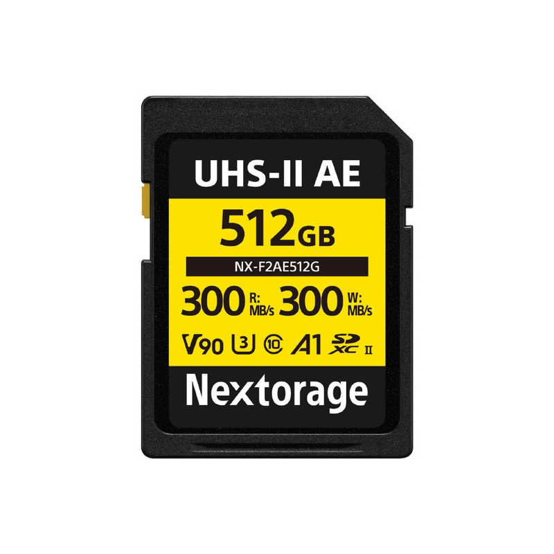 NEW（新入荷）【商品解説】UHS-II V90 512GB SDXC SDカード 最大読出し速度300MB/s 最大書込み速度300MB/s TLC 4K/8K録画 ●動画撮影に最適化した「V90対応」SDXC UHS-IIメモリーカード NX-F2AEシリーズは、映像制作現場での使用を想定し設計された動画撮影向けSDXC UHS-IIメモリーカードです。高解像度・高ビットレート撮影が当たり前となった現在、カメラの性能を最大限に引き出すためには、安定した高速書き込み性能が不可欠です。本シリーズはビデオスピードクラス最高クラスの「V90」に対応し、最低書き込み速度90 MB/sが保証されています。4K/6K/8K撮影や高フレームレート収録など、データ負荷の高い収録環境でも安定したパフォーマンスを発揮し、フレーム落ちや記録停止のリスクを低減します。●長時間撮影・大規模プロジェクトに対応する最大1 TBの大容量 NX-F2AEシリーズは256 GB、512 GB、1 TBの大容量ラインアップを展開予定。高ビットレート撮影や長時間収録においても、カード交換の頻度を抑えることが可能です。大規模プロジェクトや海外ロケ、ライブイベント撮影など、撮影時間が長時間に及ぶ現場では、メディア容量の余裕が安心感につながります。カード交換による撮影中断リスクの軽減や、持ち込みメディア枚数の削減にも貢献し、効率的で安定した撮影体制を構築します。●データ復旧ソフト無償ダウンロード Nextorageウェブページからメモリーカードファイルレスキューを無償でダウンロードでき、誤ってデータを削除してしまった場合などのデータ復旧を行うことができます。全てのデータの復旧を保証するものではありません。詳細はメーカーホームページでご確認ください。【スペック】●型式：NX-F2AE512G（NXF2AE512G）●JANコード：0810059751361種類：SDXCカードUHS規格：UHS-IIUHSスピードクラス：UHSスピードクラス3SDスピードクラス：Class10ビデオスピードクラス：ビデオスピードクラス90容量：512GBアプリケーションパフォーマンスクラス：A1最大転送速度：300MB/s最大書込速度：300MB/sこの商品は宅配便でお届けする商品です出荷可能日から最短日時でお届けします。※出荷完了次第メールをお送りします。配送サービス提供エリアを調べることができます「エリア検索」をクリックして、表示された画面にお届け先の郵便番号7桁を入力してください。ご購入可能エリア検索お買い上げ合計3,980円以上で送料無料となります。※3,980円未満の場合は、一律550円（税込）となります。●出荷可能日から最短日時でお届けします。（日時指定は出来ません。）　※お届け時に不在だった場合は、「ご不在連絡票」が投函されます。　「ご不在連絡票」に記載された宅配業者の連絡先へ、再配達のご依頼をお願いいたします。●お届けは玄関先までとなります。●宅配便でお届けする商品をご購入の場合、不用品リサイクル回収はお受けしておりません。●全て揃い次第の出荷となりますので、2種類以上、または2個以上でのご注文の場合、出荷が遅れる場合があります。詳細はこちらNEW（新入荷）■商品のお届けについて商品の到着日については、出荷完了メール内のリンク（宅配業者お荷物お問い合わせサービス）にてご確認ください。詳しいお届け目安を確認する1度の注文で複数の配送先にお届けすることは出来ません。※注文時に「複数の送付先に送る」で2箇所以上への配送先を設定した場合、すべてキャンセルとさせていただきます。