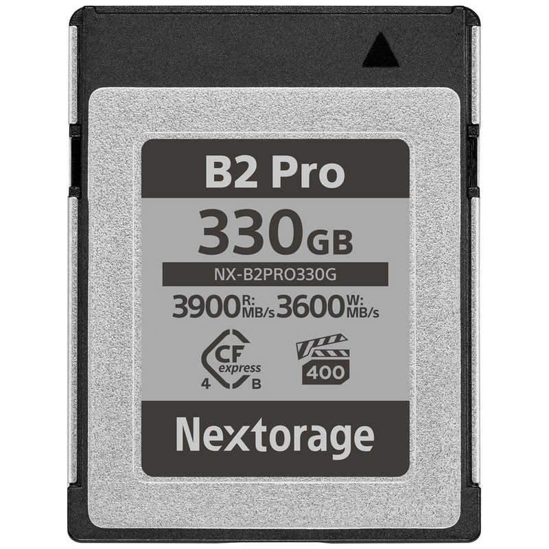 【商品解説】CFexpress 4.0 TypeB 330GB VPG400 最大読出し速度3900MB/s 最大書込み速度3600MB/s pSLC 4K/8K動画撮影 ●CFexpress Type Bメモリーカード最上位モデル Nextorage CFexpress 4.0 Type B NX-B2PROシリーズは、今後ハイエンドカメラ市場でサポートされることが予想される次世代の規格対応のメモリーカードです。また、独自の低電力消費技術「Dynamic Auto Power Save （ダイナミック・オート・パワーセーブ）」 を搭載し、動画撮影時の消費電力を低減。カメラのバッテリー消費を抑えます。さらに、転送速度の高速化に伴うカードの温度上昇を抑え、書き込み速度・読み出し速度の低下を抑制することができます。高速で安定した読み出し/書き込み性能により、8K動画やRAW画質での高速連写撮影などにも対応。VPG400をサポートしているため、VPG400に対応したCanon EOS R3/EOS R5/EOS R5Cとご一緒にお使いいただく際、安心して8K動画撮影を行っていただけます。（*CFexpress 4.0非対応機器においてはCFexpress 2.0規格で転送します。現行のカメラでは従来のCFexpress 2.0規格と下位互換性があり、NX-B1PROシリーズと同等に安定した高画質動画撮影や高速連写撮影が可能です。） ●仕様 ビデオパフォーマンス規格： VPG400最大読み出し速度： 3900MB/s最大書き込み速度： 3600MB/s最低継続書き込み速度： 3400MB/s動作温度： -12℃〜72℃保存温度： -20℃〜85℃●データ復旧ソフト無償ダウンロード Nextorageウェブページからメモリーカードファイルレスキューを無償でダウンロードでき、誤ってデータを削除してしまった場合などのデータ復旧を行うことができます。全てのデータの復旧を保証するものではありません。詳細はメーカーホームページでご確認ください。●カードフォーマット・カードファームウェアアップデート無償ダウンロード NextorageウェブページからN-pitアプリケーションを無償でダウンロードできます。N-pitはNextorageカードリーダーNX-SB1PROを使用することでNX-B2PROに対してフォーマット処理を実行することができます。フォーマット処理を行うことでカードを初期状態に近い状態にすることができるため突然書き込み速度が遅くなるなどのトラブルを防ぐことができます。さらに互換性向上のためなどでNX-B2PROの新しいバージョンのファームウェアが公開された時、N-pitを使用してカードのファームウェアを更新することができます。N-pitを使用してフォーマット処理を実施した場合、カード内に保存されていた写真データ・動画データなどのすべてのデータが削除されます。フォーマット実施後はいかなるデータも普及ができないため、ご注意ください。詳細はメーカーホームページでご確認ください。【スペック】●型式：NXB2PRO330G（NXB2PRO330G）●JANコード：0810059750531最大転送速度：3900MB/s最大書込速度：3600MB/sこの商品は宅配便でお届けする商品です出荷可能日から最短日時でお届けします。※出荷完了次第メールをお送りします。配送サービス提供エリアを調べることができます「エリア検索」をクリックして、表示された画面にお届け先の郵便番号7桁を入力してください。ご購入可能エリア検索お買い上げ合計3,980円以上で送料無料となります。※3,980円未満の場合は、一律550円（税込）となります。●出荷可能日から最短日時でお届けします。（日時指定は出来ません。）　※お届け時に不在だった場合は、「ご不在連絡票」が投函されます。　「ご不在連絡票」に記載された宅配業者の連絡先へ、再配達のご依頼をお願いいたします。●お届けは玄関先までとなります。●宅配便でお届けする商品をご購入の場合、不用品リサイクル回収はお受けしておりません。●全て揃い次第の出荷となりますので、2種類以上、または2個以上でのご注文の場合、出荷が遅れる場合があります。詳細はこちら■商品のお届けについて商品の到着日については、出荷完了メール内のリンク（宅配業者お荷物お問い合わせサービス）にてご確認ください。詳しいお届け目安を確認する1度の注文で複数の配送先にお届けすることは出来ません。※注文時に「複数の送付先に送る」で2箇所以上への配送先を設定した場合、すべてキャンセルとさせていただきます。