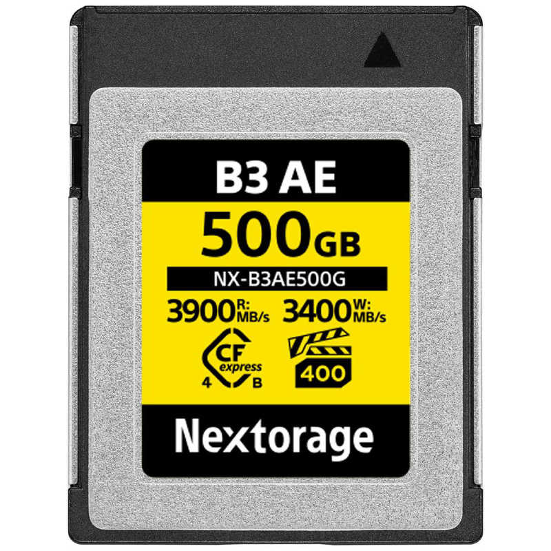 【商品解説】CFexpress 4.0 Type B 500GBメモリーカード 最大読み出し速度3900MB/s 最大書き込み速度3400MB/s 最低継続書き込み速度850MB/s ●長時間の動画撮影にお勧めのメモリーカード Nextorage NX-B3AEシリーズは、TLC NAND Flash Memoryを採用しながらCompactFlash Association （CFA）が定める最新規格CFexpress 4.0ならではの高速転送を実現しつつ、安定した動画撮影をサポートするためVPG400に準拠したモデルです。これにより、VPG400に対応したホスト機器とご使用いただくと、安定した動画撮影が可能です。 加えて、CFexpress 4.0 対応のカードリーダー（NX-SB1PRO）と併用することでワークフローの効率化を図ることができます。CFexpress 4.0規格（2）はCFexpress 2.0との下位互換性を持っているため、CFexpress 2.0対応のホスト機器とも安心してご使用いただけます。●仕様 ビデオパフォーマンス規格： VPG400最大読み出し速度： 3900MB/s最大書き込み速度： 3400MB/s最低継続書き込み速度： 850MB/s動作温度： -12℃〜72℃保存温度： -20℃〜85℃●データ復旧ソフト無償ダウンロード Nextorageウェブページからメモリーカードファイルレスキューを無償でダウンロードでき、誤ってデータを削除してしまった場合などのデータ復旧を行うことができます。全てのデータの復旧を保証するものではありません。詳細はメーカーホームページでご確認ください。●カードフォーマット・カードファームウェアアップデート無償ダウンロード NextorageウェブページからN-pitアプリケーションを無償でダウンロードできます。N-pitはNextorageカードリーダーNX-SB1PROを使用することでNX-B3AEに対してフォーマット処理を実行することができます。フォーマット処理を行うことでカードを初期状態に近い状態にすることができるため突然書き込み速度が遅くなるなどのトラブルを防ぐことができます。さらに互換性向上のためなどでNX-B3AEの新しいバージョンのファームウェアが公開された時、N-pitを使用してカードのファームウェアを更新することができます。N-pitを使用してフォーマット処理を実施した場合、カード内に保存されていた写真データ・動画データなどのすべてのデータが削除されます。フォーマット実施後はいかなるデータも普及ができないため、ご注意ください。詳細はメーカーホームページでご確認ください。【スペック】●型式：NXB3AE500G（NXB3AE500G）●JANコード：0810059750982最大転送速度：3900MB/s最大書込速度：3400MB/sこの商品は宅配便でお届けする商品です出荷可能日から最短日時でお届けします。※出荷完了次第メールをお送りします。配送サービス提供エリアを調べることができます「エリア検索」をクリックして、表示された画面にお届け先の郵便番号7桁を入力してください。ご購入可能エリア検索お買い上げ合計3,980円以上で送料無料となります。※3,980円未満の場合は、一律550円（税込）となります。●出荷可能日から最短日時でお届けします。（日時指定は出来ません。）　※お届け時に不在だった場合は、「ご不在連絡票」が投函されます。　「ご不在連絡票」に記載された宅配業者の連絡先へ、再配達のご依頼をお願いいたします。●お届けは玄関先までとなります。●宅配便でお届けする商品をご購入の場合、不用品リサイクル回収はお受けしておりません。●全て揃い次第の出荷となりますので、2種類以上、または2個以上でのご注文の場合、出荷が遅れる場合があります。詳細はこちら■商品のお届けについて商品の到着日については、出荷完了メール内のリンク（宅配業者お荷物お問い合わせサービス）にてご確認ください。詳しいお届け目安を確認する1度の注文で複数の配送先にお届けすることは出来ません。※注文時に「複数の送付先に送る」で2箇所以上への配送先を設定した場合、すべてキャンセルとさせていただきます。