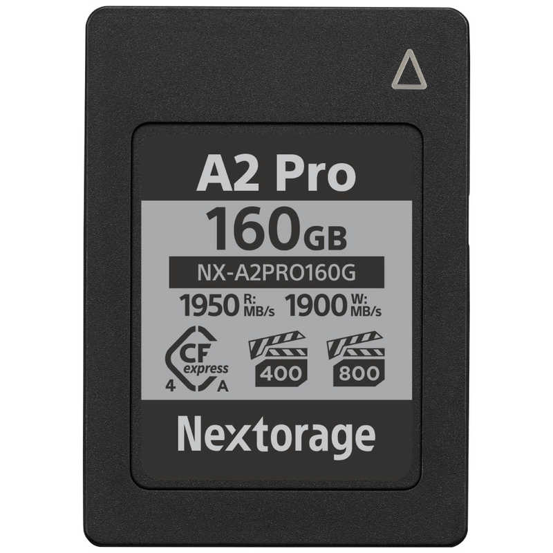 【商品解説】世界初VPG800/VPG400両対応 CFexpress 4.0 TypeA 160GB 最大読出し速度1950MB/s 最大書込み速度1900MB/s pSLC 4K/8K動画撮影 ●CFexpress Type Aメモリーカード最上位モデル Nextorage NX-A2PROシリーズは、世界初VPG800とVPG400の両対応を実現したCFexpress4.0 Type Aメモリーカードです。また、独自の低電力消費技術「Dynamic Auto Power Save （ダイナミック・オート・パワーセーブ）」 を搭載し、動画撮影時の消費電力を低減。カメラのバッテリー消費を抑えます。さらに、転送速度の高速化に伴うカードの温度上昇を抑え、書き込み・良いんだし速度の低下を抑制。安定した転送速度を維持できるのもNX-A2PROの特長です。この高速で安定した読み出し/書き込み性能により、8K動画やRAW画質での高速連写撮影などにも対応。VPG対応を必要とするSony製カメラで安心してお使いいただけます。（*CFexpress 4.0非対応機器においてはCFexpress 2.0規格で転送します。現行のカメラでは従来のCFexpress 2.0規格と下位互換性があり、安定した高画質動画撮影や高速連写撮影が可能です。）●仕様 ビデオパフォーマンス規格： VPG800/VPG400最大読み出し速度： 1950MB/s最大書き込み速度： 1900MB/s最低継続書き込み速度： 1900MB/s動作温度： -12℃〜72℃保存温度： -20℃〜85℃●データ復旧ソフト無償ダウンロード Nextorageウェブページからメモリーカードファイルレスキューを無償でダウンロードでき、誤ってデータを削除してしまった場合などのデータ復旧を行うことができます。全てのデータの復旧を保証するものではありません。詳細はメーカーホームページでご確認ください。●カードフォーマット・カードファームウェアアップデート無償ダウンロード NextorageウェブページからN-pitアプリケーションを無償でダウンロードできます。N-pitはNextorageカードリーダーNX-SA1PROを使用することでNX-A2PROに対してフォーマット処理を実行することができます。フォーマット処理を行うことでカードを初期状態に近い状態にすることができるため突然書き込み速度が遅くなるなどのトラブルを防ぐことができます。さらに互換性向上のためなどでNX-A2PROの新しいバージョンのファームウェアが公開された時、N-pitを使用してカードのファームウェアを更新することができます。N-pitを使用してフォーマット処理を実施した場合、カード内に保存されていた写真データ・動画データなどのすべてのデータが削除されます。フォーマット実施後はいかなるデータも普及ができないため、ご注意ください。詳細はメーカーホームページでご確認ください。【スペック】●型式：NXA2PRO160G（NXA2PRO160G）●JANコード：0810059751439最大転送速度：1950MB/s最大書込速度：1900MB/sこの商品は宅配便でお届けする商品です出荷可能日から最短日時でお届けします。※出荷完了次第メールをお送りします。配送サービス提供エリアを調べることができます「エリア検索」をクリックして、表示された画面にお届け先の郵便番号7桁を入力してください。ご購入可能エリア検索お買い上げ合計3,980円以上で送料無料となります。※3,980円未満の場合は、一律550円（税込）となります。●出荷可能日から最短日時でお届けします。（日時指定は出来ません。）　※お届け時に不在だった場合は、「ご不在連絡票」が投函されます。　「ご不在連絡票」に記載された宅配業者の連絡先へ、再配達のご依頼をお願いいたします。●お届けは玄関先までとなります。●宅配便でお届けする商品をご購入の場合、不用品リサイクル回収はお受けしておりません。●全て揃い次第の出荷となりますので、2種類以上、または2個以上でのご注文の場合、出荷が遅れる場合があります。詳細はこちら■商品のお届けについて商品の到着日については、出荷完了メール内のリンク（宅配業者お荷物お問い合わせサービス）にてご確認ください。詳しいお届け目安を確認する1度の注文で複数の配送先にお届けすることは出来ません。※注文時に「複数の送付先に送る」で2箇所以上への配送先を設定した場合、すべてキャンセルとさせていただきます。
