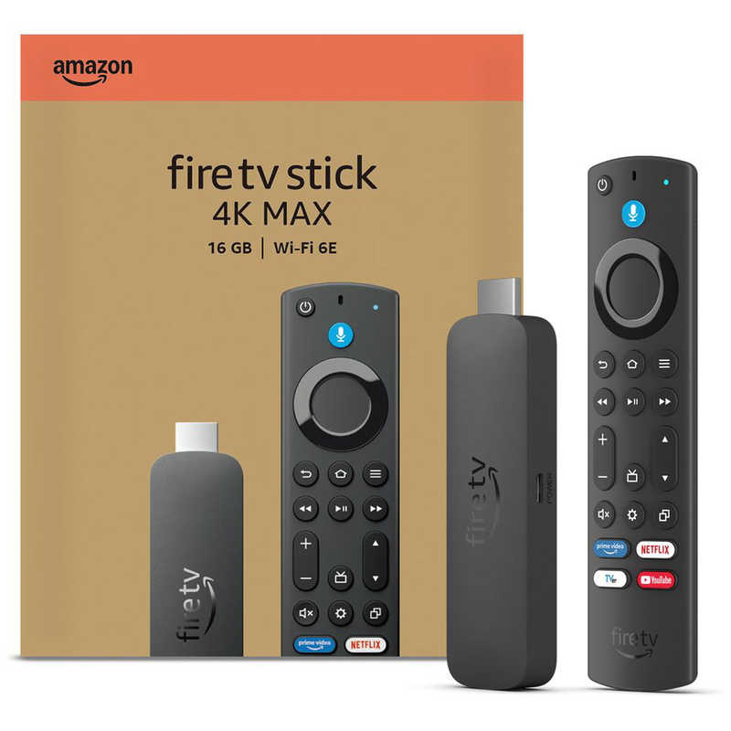 【商品解説】Fire TV Stick史上最もパワフルストリーミングメディアプレイヤー ●世界で最も人気のストリーミングメディアプレーヤーシリーズ※Fire TVシリーズの2024年7月〜2025年6月の世界販売/出荷台数に関する外部機関による調査結果、および内部データによる。●Fire TV Stick史上、最もパワフルなストリーミングメディアプレーヤーパワフルな2.0 GHzクアッドコアプロセッサによるアプリの高速起動。次世代Wi-Fi 6Eによるスムーズなストリーミング。ひとつ上を行く4K Ultra HDを実現。●迫力の映像Dolby Vision、HDR10+に対応し4Kコンテンツを鮮やかに再生します。臨場感あるDolby Atmosのサウンドにも対応。●Wi-Fi 6E対応複数のデバイスが同じルーターに接続しても、高精細な4Kビデオコンテンツを滑らかに再生できます。●リビングが美術館のようにアンビエントディスプレイでは、お使いのテレビで2,000枚(※)を超える名画や写真をお楽しみ頂けます。また、天気、付せん、カレンダーなどのAlexaウィジェットも表示できます。※2023年9月1月時点●スマートホームボタンを押してAlexaに話しかけるだけで、スマートカメラやライトなどAlexa対応のスマートホーム製品(別売)をコントロール。●Fire TV Stick史上、最大のストレージ前世代から2倍に増えた16GBストレージにさらに多くのアプリなどをダウンロード。●お気に入りのコンテンツが勢ぞろい60万以上(※)の豊富な映画作品やTV番組のエピソードを心ゆくまで楽しもう。YouTube、TVerはもちろん、Prime Video、Netflix、ディズニープラス、U-NEXTなどのお気に入りのコンテンツ、HuluやDAZNなどの24時間ライブチャンネルやスポーツも配信やサブスクリプションで見られます。※2025年9月12日時点●Alexa対応音声認識リモコンEnhanced(エンハンスド)お気に入りのコンテンツに簡単にアクセスできるアプリボタン、対応するテレビ・サウンドバーの電源、ボリュームコントロールを搭載。さらに、最近のアイテムやPrime Videoライブチャンネルボタンを追加。【スペック】●型式：B0G2TXBSWJ（B0G2TXBSWJ）●JANコード：0840414644410サイズ：99 mm x 30 mm x14 mm (HDMI端子含まず)108 mm x 30 mm x 14 mm (HDMI端子含む)本体重量：43.5 g解像度：4K Ultra HD入出力端子：HDMI出力(ARC)、Micro USB (電源用)付属品：［同梱内容］Fire TV Stick 4K Max、Alexa対応音声認識リモコン Enhanced (エンハンスド)、電源ケーブル、電源アダプタ、HDMI延長ケーブル、単4電池2本、スタートガイド仕様1：［プロセッサー］クアッドコア 2.0GHz［GPU］850MHz［ストレージ］16GB［wifi］Wi-Fi 6E トライバンド: 802.11 a/b/g/n/ac/ax (2.4GHz、5GHz、6GHz)［Bluetooth］Bluetooth 5.2 + LE［音声認識］同梱のAlexa対応音声認識リモコンEnhanced、または無料のFire TVリモコンアプリで対応 (Fire OS、Android OS、iOSで利用可能)仕様2：［IR対応AV機器操作］同梱のAlexa対応音声認識リモコンEnhancedでFire TV Stick 4K Maxに加え、IR対応のテレビ、サウンドバー、AVアンプの電源や音量などの操作が可能。(商品によっては対応していない場合があります)［クラウドストレージ］Amazonで購入したコンテンツはすべて無料でクラウドに保存可能仕様3：［オーディオ］Dolby Atmos、7.1 サラウンド対応、2chステレオ、最大5.1chのHDMIオーディオパススルー。Dolby Atmosは対応するデバイスと接続した際に、一部のサービスでご利用可能。【注意事項・特記事項】Amazon製品のサポートに関してご購入後の初期不良、修理のご相談はAmazonカスタマーサービスにご相談ください。※Amazonアカウントでのログインが必要となりますこの商品は宅配便でお届けする商品です出荷可能日から最短日時でお届けします。※出荷完了次第メールをお送りします。配送サービス提供エリアを調べることができます「エリア検索」をクリックして、表示された画面にお届け先の郵便番号7桁を入力してください。ご購入可能エリア検索お買い上げ合計3,980円以上で送料無料となります。※3,980円未満の場合は、一律550円（税込）となります。●出荷可能日から最短日時でお届けします。（日時指定は出来ません。）　※お届け時に不在だった場合は、「ご不在連絡票」が投函されます。　「ご不在連絡票」に記載された宅配業者の連絡先へ、再配達のご依頼をお願いいたします。●お届けは玄関先までとなります。●宅配便でお届けする商品をご購入の場合、不用品リサイクル回収はお受けしておりません。●全て揃い次第の出荷となりますので、2種類以上、または2個以上でのご注文の場合、出荷が遅れる場合があります。詳細はこちら■商品のお届けについて商品の到着日については、出荷完了メール内のリンク（宅配業者お荷物お問い合わせサービス）にてご確認ください。詳しいお届け目安を確認する1度の注文で複数の配送先にお届けすることは出来ません。※注文時に「複数の送付先に送る」で2箇所以上への配送先を設定した場合、すべてキャンセルとさせていただきます。