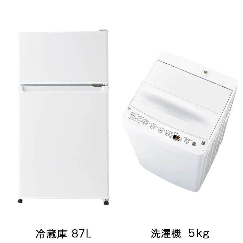 リサイクル回収サービスについて今お使いの冷蔵庫・冷凍庫のリサイクル（廃家電引取り）をご希望の方はこちらから同時に購入してください。不用品リサイクル回収対象製品と同一品目の商品をお買い上げの場合に限り、設置の際に廃家電の引き取りを行っております。リサイクル回収をご希望の場合は、リサイクル料金一覧表より該当のリサイクル券もお買い物かごに入れて同時にご購入ください。購入の際の注意点※リサイクルのみ単品でご注文の場合や、対象外商品との同時購入時などは、全てキャンセルとなります。※お申し込み後にリサイクルのキャンセルが発生した場合はすべての注文がキャンセルとなります。　事前にリサイクルの有無をご確認ください。※宅配便でお届けする商品のご購入時には、不用品リサイクル回収は承れません。リサイクル料金一覧表はこちらお買物ガイド「廃家電のリサイクルについて」【商品解説】冷蔵庫・洗濯機の選べるベーシックセット（2点セット）です。● ビックアイデア　冷蔵庫 ホワイト BIM-R87A-W [幅45.2cm /87L /2ドア /右開きタイプ] ひとり暮らしにもぴったり！コンパクト・シンプルデザイン 87L 2ドア冷蔵庫。・部屋の雰囲気になじみやすいシンプルなデザインとスリムボディは置く場所を選びません。高さ85cmのローデザインでお部屋を広く見せることができます。・コンパクトながら冷凍室は24Lあり、冷凍食品やアイスクリームのストックに便利。ひとり暮らしや2台目にも収納力は十分です。・耐熱100℃、耐荷重30kgの天面鋼板で電子レンジを置くことができます。限られたスペースを有効活用できるだけでなく、ロータイプなので使いやすい高さに電子レンジが置け、作業効率アップにもつながります。　※電子レンジのタイプによって置けない場合があります。・2Lペットボトルが3本収納可能なすっきりポケットと、小物も整理しやすいドアポケットを備えています。　※ペットボトルの形状により収納できない場合があります。・上からも正面からも中身が見やすいフリーケースは、野菜の保存に便利。・こぼれた汚れもお手入れしやすいガラストレイ。重たいものをのせてもたわみません。● ビックアイデア　全自動洗濯機 ホワイト BIM-W50A-W [洗濯5.0kg /上開き /簡易乾燥(送風機能)] いつも清潔「ステンレス槽」5.0kg全自動洗濯機。新生活＆ひとり暮らしにもぴったりな1台です。・高濃度の洗剤液を繊維のすみずみまで浸透させることで。汚れ浮きを効率化。3Dウィングパルセーターがつくる強力ならせん状水流とチェッカードタンクでもみ洗いし、衣類を痛めずしっかりと洗い上げます。・洗濯・脱水槽を清潔に保つため、3種類の「槽洗浄コース」を搭載。空の状態で約2分間軽くさっと洗う「ちょっと槽洗浄」は、洗濯後に使用することでカビの発生を抑制する効果が期待できます。・洗剤2倍でしっかり洗う「白さ追求」やお気に入りの香りをもっと楽しむ ※1 「香アップ」など、多彩なコースで思い思いの仕上がりを叶えます。 ※1 香りの感じ方は個人差があります。柔軟剤や衣類の種類により、香りの付き具合が変わる場合があります。・高濃度洗浄×らせん状水流で、短時間でもしっかり汚れを落とします ※2 。10分で洗濯できるので、忙しい人でもさっと洗濯ができ、家事の負担を軽減。さらに「お急ぎ」コースは、洗濯回数を重ねても布地の傷みや変形を抑えることができます。 ※2 条件により汚れ落ちは異なります。洗濯容量は1.5kgまでとなります。・「しわケア脱水」は、脱水の時間と回転数を調整することで衣類のしわを抑え、アイロンがけの時間と手間を短縮できます。P＆G社のジェルボールの洗浄成分を最大限に発揮できる「ジェルボールコース」は液体洗剤投入の手間が省けて便利。 ※ご購入の際は、設置・搬入スペースをご確認頂きますようお願い致します。【スペック】●型式：（2026BIセット2テン_シロ）●JANコード：2919200230255この商品はセッティング（設置）商品ですお届け時に標準セッティング(設置)を無料で行います。（離島・遠隔地など一部地域は別途料金がかかる場合があります。）配送サービス提供エリアを調べることができます「エリア検索」をクリックして、表示された画面にお届け先の郵便番号7桁を入力してください。ご購入可能エリア検索●お届けの際はご在宅の必要があります。●不用品リサイクル回収対象商品のご注文時に限り、同一品目の不用品リサイクル回収を承ります。●エレベーターの無い3階以上への外階段による搬入の場合、1階ごとに1,100円（税込）の階段上げ料金をいただきます。（2階までは無料）●宅内の階段上げは有料（目安：5,500円~）となります。●商品配送の準備が整い次第、後日コジマより確認のご連絡をさせていただきます。 ※お届け日については、その際にご相談ください。●当社配送サービス提供エリア内に限りご提供いたします。エリア外の場合はキャンセルとさせていただきます。※ご注文前に必ず詳細よりお届先のエリア状況をご確認ください。詳細はこちら■商品のお届けについて商品配送の準備が整い次第、後日コジマより確認のご連絡をさせていただきます。※お届け日については、その際にご相談ください。詳しいお届け目安を確認する1度の注文で複数の配送先にお届けすることは出来ません。※注文時に「複数の送付先に送る」で2箇所以上への配送先を設定した場合、すべてキャンセルとさせていただきます。