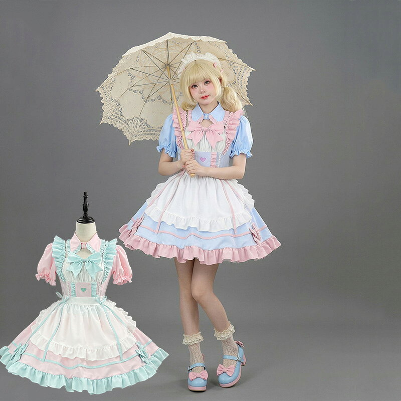 商品詳細 商品説明 品番：mit14 素材：ポリエステル サイズ：XS S M L XL 2XL 3XL 4XL カラー：ピンク、ブルー セット内容：ワンピース+エプロン+カチューシャ+付け襟*1点（4点セット） 【リボンのデザイン】お嬢様みたいレトロのドレスに漂うセットアップを新作しました。今の季節にピッタリして、Aラインの膝丈スカートも体型カバーしてくれて着痩せで嬉しいです。 【シンプルな配色を持つデザイン】定番のスタイル、肌触りも心地よい、爽やかな感じをもたらします。いつもと違うスタイルでルンルン料理でお出迎え、エプロンやカチューシャとればワンピースとしてお楽しみいただけます。 【おしゃれなコスプレ用】姫系のロリータ服です。特別なデザインで、かわいい森ガールをテーマとして、ゴスロリの雰囲気を出ています。ガーリー系、ゆめかわ、森ガール、姫系、韓国 、お嬢様、お姫様、原宿系ファッションがお好きな方、 ロリータ Lolita ファッションのコスプレドレス 、ライブ、文化祭、学園祭、演劇の衣装、撮影など様々な場面でご利用いただけます。 注意事項 ※サイズ表記は目安です。若干の誤差がある場合がございます。 ※写真のお色はできる限り実物に近い表現を心がけておりますが、お客様のご覧になられますパソコン機器及びモニタなどの違い、また室内、室外での撮影により、多少お色味が異なって見える場合がございます。 営業時間 ・ネットでのご注文は24時間受け付けております。 ・店舗へのお問合せは下記の時間帯にお願い致します。 　平日 9:30～18:00（電話）　　メール24時間受付 ・土日曜日、祝祭日はお休みを頂いております。 ・営業時間内にいただくお問い合わせは順次にご返信対応させていただいておりますが、場合によっては翌営業日での対応となりますので、予めご了承ください。