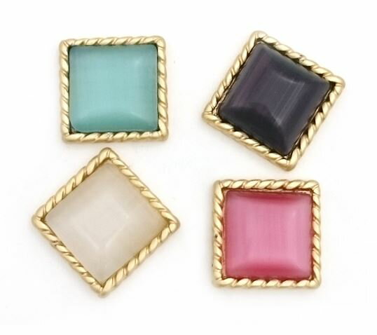 デコレーションパーツ/キャッツアイ調 グリーン/パープル/ホワイト/ピンク 上品な金縁デザインのスクエ..
