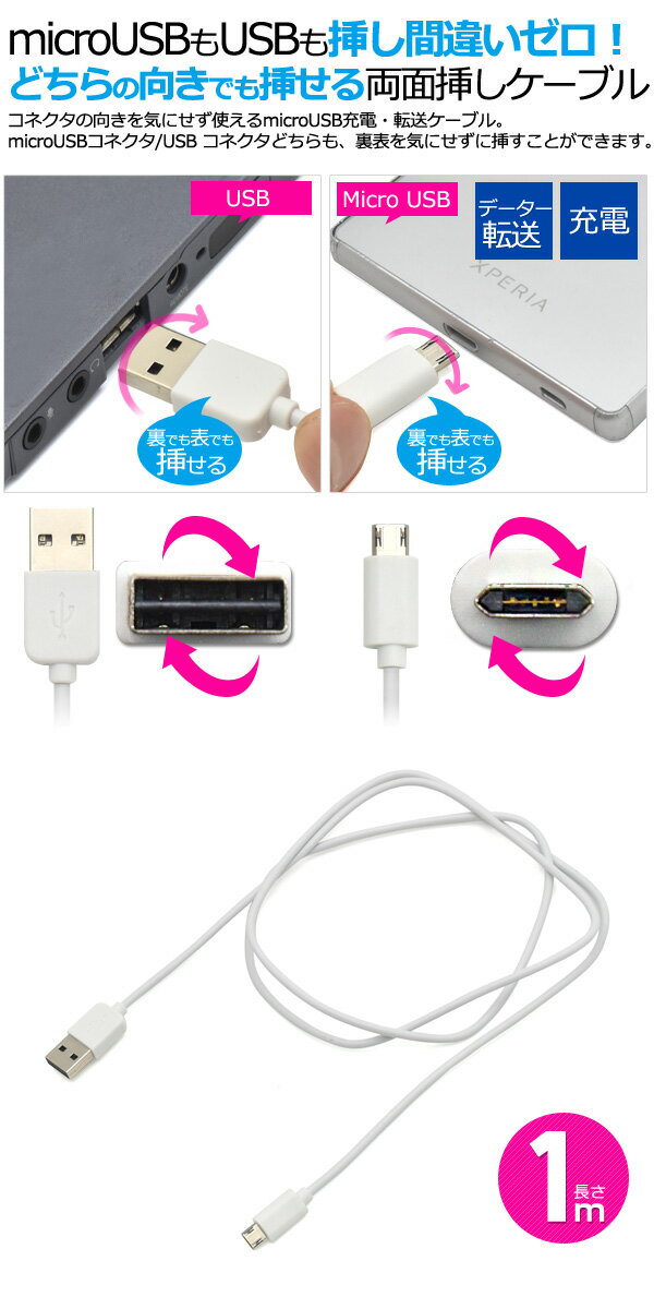 メール便送料無料【両面microUSBケーブル/1m（100cm）】データー通信 充電 挿し間違いゼロ スマホ スマートフォン ユーエスビー データ転送 表裏気にしない 両面挿しタイプ マイクロUSB タブレット アンドロイド ゲーム タブレット Xperia