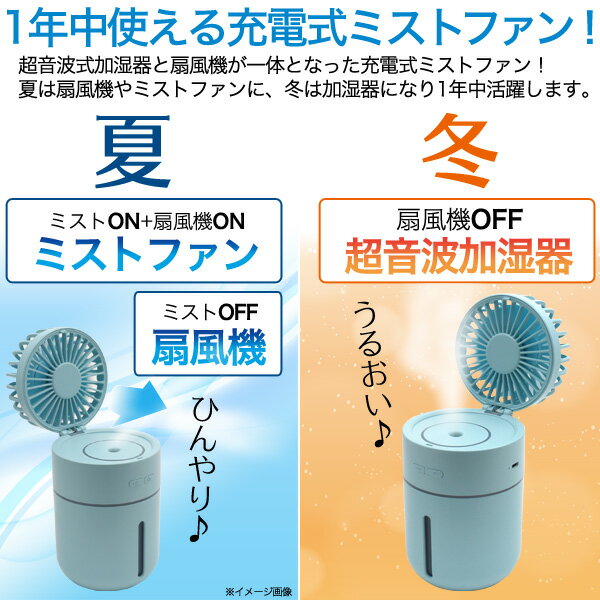 送料無料【 充電式ミストファン 】 扇風機 超音波加湿器 通年 1年中使用可能 充電式 夏 涼しい 暑さ対策 送風 ミニ 小型 ミニ扇風機 おしゃれ ファン 卓上 usb maicrousb オフィス デスク 角度調整可能 乾燥対策 冬 加湿 かわいい パステルカラー