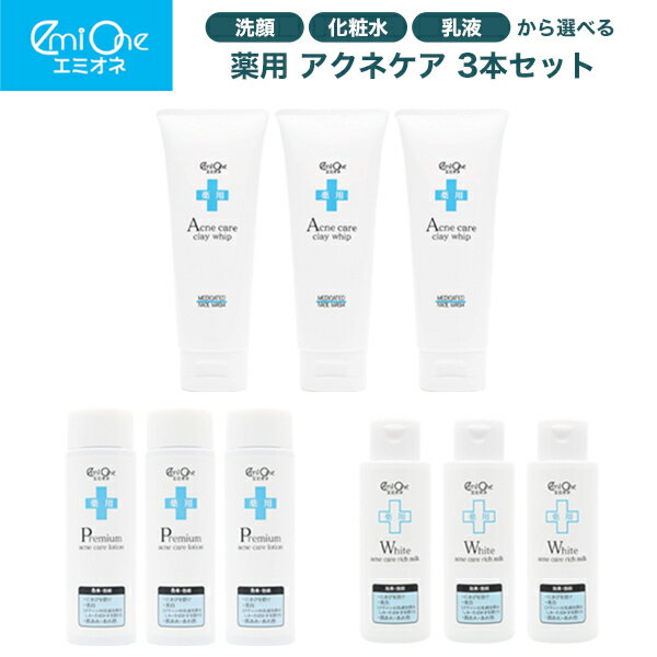 3本 6本 送料無料 エミオネ 薬用アクネケア 日本製 洗顔 化粧水 乳液 ニキビ ニキビケア アクネ菌 化粧品 無香料 無着色 好物脂フリー 洗顔料 洗顔フォーム ローション ミルク 基礎化粧品 スキンケアのサムネイル