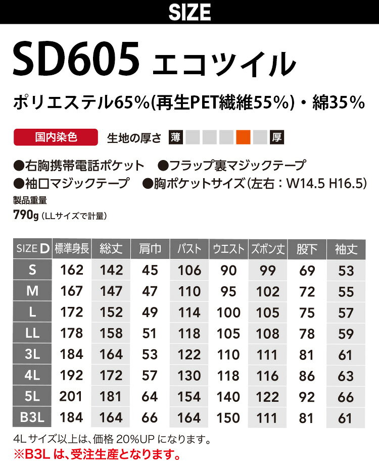SUNDISK 605 つなぎ服 続服 日の丸繊維 ペットボトル再利用エコ素材 JIS T8118 エ...