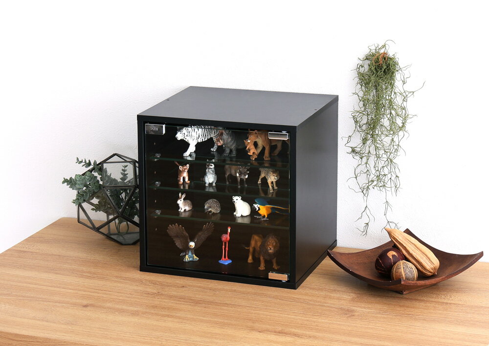 あす楽 コレクションケース ラック ガラス棚 木製 4段 業務用 扉 深型 ロータイプ 小物 卓上 机 キューブボックス ledライト 照明付き 光る 正方形 ...