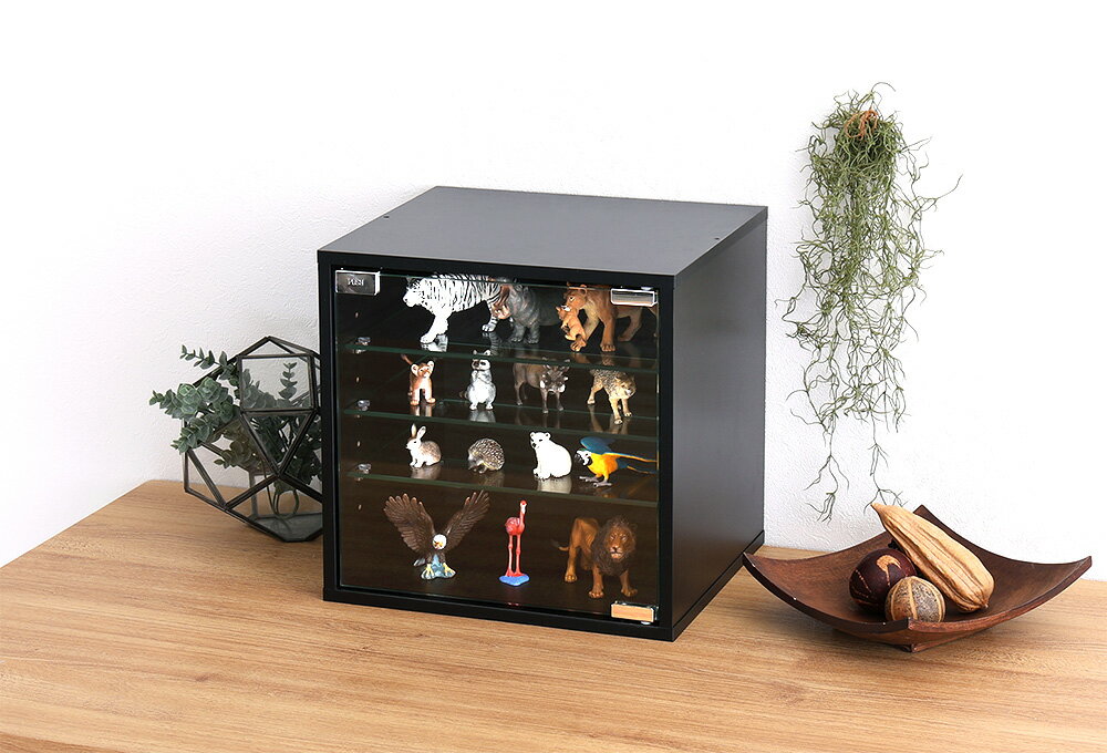 あす楽 コレクションケース ラック ガラス棚 木製 4段 業務用 扉 深型 ロータイプ 小物 卓上 机の上 キューブボックス 正方形 ミニ 小さい 小型 幅35...