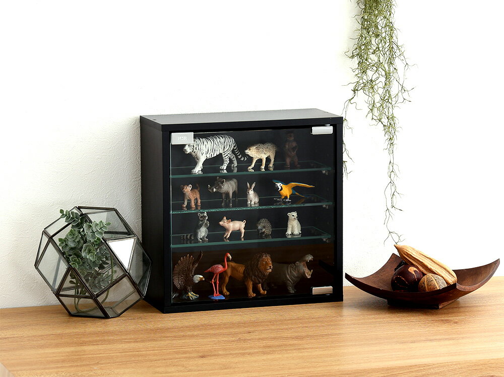 あす楽 コレクションケース ラック ガラス棚 木製 4段 業務用 扉 薄型 ロータイプ 小物 卓上 机の上 キューブボックス 正方形 ミニ 小さい 小型 幅35...