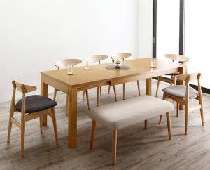 ダイニングテーブルセット 8人用 椅子 ベンチ おしゃれ 伸縮式 伸長式 安い 北欧 食卓 8点 ( 机+チェア6+長椅子1 ) 幅145-205 デザイナーズ クール スタイリッシュ ミッドセンチュリー 大きい 大きめ パーティ ビュッフェ 幅145 幅175 幅205