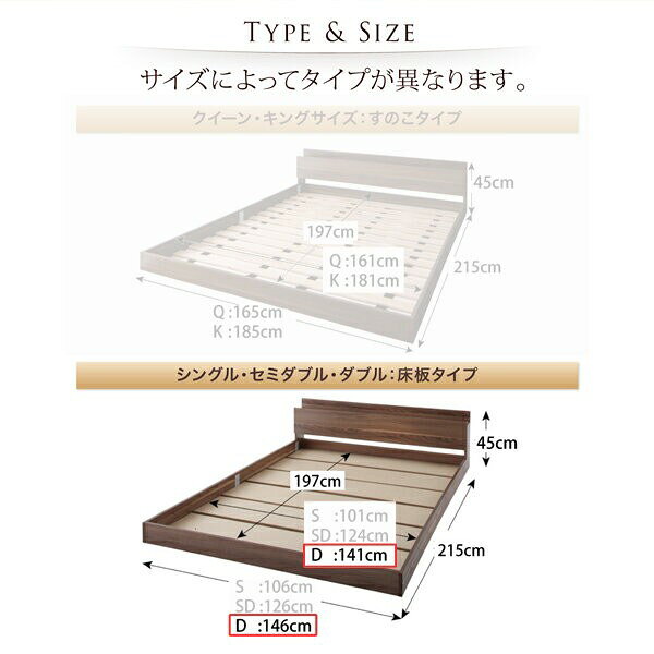 ダブルベッド 2人 マットレス付き ローベッド ロータイプ フロア 低床 低い 宮付き ヘッドボード 枕元 棚 ラック 携帯置き ティッシュ置き メガネ置き リモコン 頭上 収納 コンセント ゲーム ケーブル スマホ 充電 電気 ヴィンテージ メンズ モダン レトロ [3]