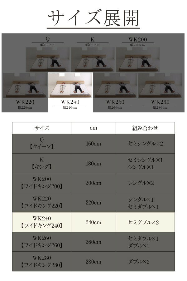 連結ベッド 幅240 ワイド 2人 3人 4人 家族 つなげる 2台 連結 分割 ファミリー 親子 フレームのみ ローベッド ロータイプ フロア 低床 低い 宮 ヘッドボード 枕元 棚 ラック 携帯 ティッシュ メガネ リモコン 頭上 収納 コンセント スマホ 充電 ヴィンテージ モダン レトロ [3]
