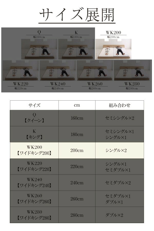 連結ベッド 幅200 ワイド 2人 3人 4人 家族 つなげる 2台 分割 ファミリー 親子 マットレス付き ローベッド ロータイプ フロア 低床 低い 宮 ヘッドボード 枕元 棚 ラック 携帯 ティッシュ メガネ リモコン 頭上 収納 コンセント スマホ 充電 ヴィンテージ モダン レトロ [3]