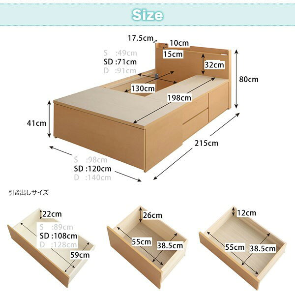 セミダブルベッド 一人暮らし SD マットレス付き チェストベッド ミドル ベッド下収納 引き出し付き 大容量 宮付き ヘッドボード 枕元 棚 ラック 携帯 ティッシュ メガネ リモコン 頭上 収納 コンセント ゲーム ケーブル スマホ 充電 電気 北欧 おしゃれ モダン アンティーク [3]