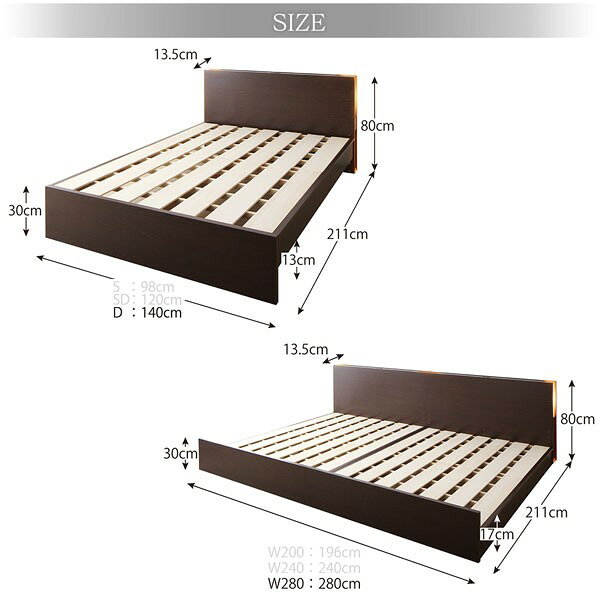家具・インテリア通販Roomの連結ベッド 幅280 キング ワイド 2人 3人 4人 家族 つなげる 2台 分割 ファミリー 親子 マットレス付き 高さ 調節 調整 ローベッド ロータイプ 低い 宮 棚 携帯 メガネ リモコン 収納 照明 読書 ライト 携帯 スマホ 充電 コンセント 布団可 すのこ 通気性 除湿 カビ 高級｜アングル3