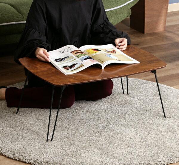 ローテーブル 完成品 センターテーブル 折りたたみ 折り畳み 折畳み 折れ脚 スチール脚 長方形 四角 角が丸い 角丸 木目 ウォールナットブラウン 茶色 ブラ...