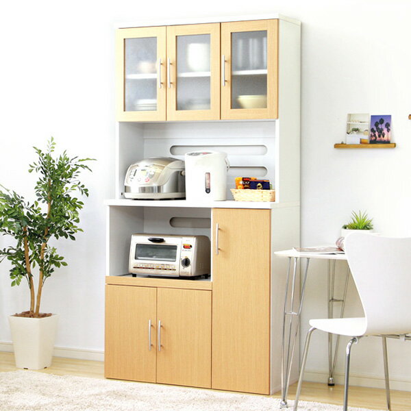 あす楽 食器棚 レンジ台 大型レンジ対応 おしゃれ 北欧 シンプル 皿 収納ラック 木製 キッチン カップボード ハイタイプ 大容量 スライドテーブル 炊飯器置...