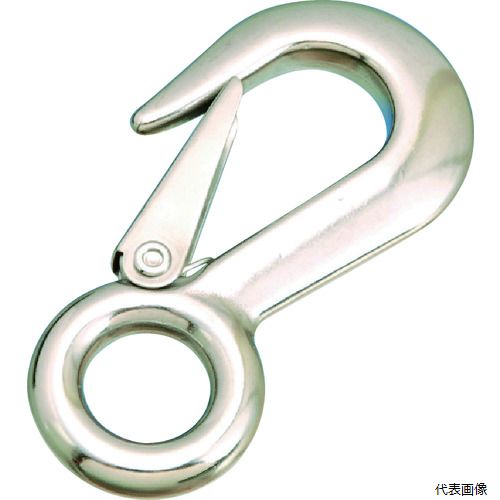 【特長】 ●重量フックと比べて小さいフックです。 ●ハズレ止め付です。 【仕様】 ●基本使用荷重(t)：0.07 ●H(mm)：90 ●L(mm)：18 ●S(mm)：15 ●W1(mm)：46 ●R(mm)：8 ●t(mm)：8.8 ●W2(mm)：19 ●D(mm)：7.5 ●使用荷重(kN)：0.69 【用途】 ●ワイヤーロープなどの端末金具として。 【材質／仕上】 ●ステンレス（SUS304） 【入数】 ●1個 他のサイズはこちら 在庫のない商品は検索に表示されない場合がございます　