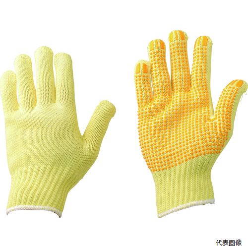 【特長】 ●厚手タイプの耐切創手袋です。 ●すべり止め効果があります。 【用途】 ●金属加工。 【仕様】 ●色：イエロー ●サイズ：フリー ●全長(cm)：23.0 ●手のひら周り(cm)：20.0 ●中指長さ(cm)：8.0 ●厚さ(mm)：2.0 ●ゲージ数：7 ●EN3882016規格：4-C ●リストカラー：白 ●すべり止め：あり ●耐切創レベル：4/C ●7ゲージ編 ●ケブラー［［R下］］紡績糸100％ 【材質／仕上】 ●ケブラー［［R下］］繊維 ●すべり止め部：塩化ビニール 【入数】 ●1双 他のサイズはこちら 在庫のない商品は検索に表示されない場合がございます