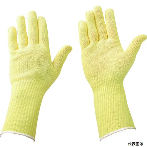【特長】 ●薄手タイプの耐切創手袋です。 ●袖長タイプで手首部分までしっかり保護します。 【用途】 ●細かい作業での切創防止に。 【仕様】 ●色：イエロー ●サイズ：フリー ●全長(cm)：28.0 ●手のひら周り(cm)：18.0 ●中指長さ(cm)：8.0 ●厚さ(mm)：1 ●ゲージ数：10 ●EN3882016規格：3-B ●リストカラー：白 ●素材耐熱温度(℃)：300 ●耐切創レベル：3/B ●10ゲージ編 ●ケブラー［［R下］］紡績糸100％ 【材質／仕上】 ●ケブラー［［R下］］繊維 【入数】 ●1双 他のサイズはこちら 在庫のない商品は検索に表示されない場合がございます