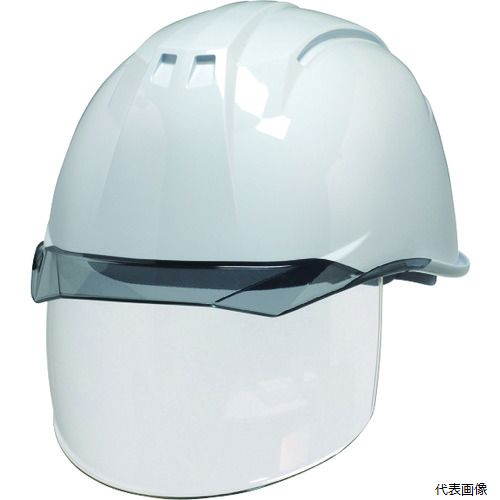 【特長】 ●角度可変式アジャスターにロック機構を新搭載しました。 ●快適な位置に固定することにより、ホールド感・安定感が向上しました。 ●大型シールド面を内蔵しています。 【用途】 ●電気絶縁用。（使用電圧7000V以下） ●飛来・落下物用。 ●墜落時保護用。 【仕様】 ●帽体色：ホワイト ●バイザー色：スモーク ●シールド色：クリア ●頭囲(cm)：54〜62 ●衝撃吸収ライナー有無：有 ●墜落時保護用：〇 ●通気孔有無：無し ●タイプ：テープ内装 ●溝有無：有 ●衝撃吸収ライナー付 【材質／仕上】 ●帽体：ABS樹脂 ●バイザー・シールド面：ポリカーボネート樹脂 【注意】 ●電気用で使う際には定期自主検査が必要になります。 【入数】 ●1個 他のサイズはこちら 在庫のない商品は検索に表示されない場合がございます　