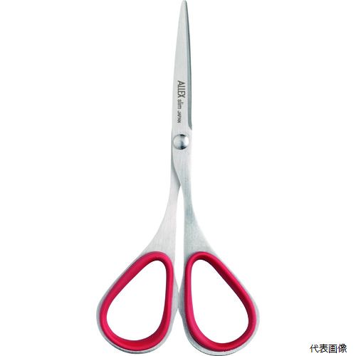 【特長】 ●ペンケースや手帳のポケットにも収納できる、軽くて薄いスリムタイプのハサミです。 ●ハンドル部のリングは、感触がソフトなエラストマー樹脂を使用し、やさしい指あたりになっています。 ●板厚1.5mmで、携帯に便利です。 【用途】 ●事務用 ●携帯用 【仕様】 ●刃長(mm)：35 ●刃厚(mm)：1.5 ●全長(mm)：100 ●色：レッド ●切断対象物：コピー用紙、封筒、ビニール 【材質／仕上】 ●刃：ステンレス刃物鋼(SUS420J2) ●グリップ：エラストマー樹脂 【注意】 ●刃物は人に向けたり振り回さないようにして下さい。 【入数】 ●1丁 他のサイズはこちら 在庫のない商品は検索に表示されない場合がございます　