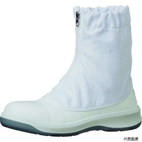 【特長】 ●足裏形状でフィットする3Dフットベットにより、足ブレが少なく安定した姿勢維持と歩行が可能です。 ●かかと部は納まりが良くなり、効率よく衝撃を吸収するので足への負担を軽減します。 ●又、アーチクッションと中足パッドが足のバネの役割を果たすアーチを支えています。 ●つまずき防止の為トウスプリングを上げ、凸部がない設計でつまずきを予防します。 ●エグリ形状になったかかとの部分が歩行時に変形し効率よく衝撃を吸収。 ●足への負担を軽減します。 ●つま先の損傷を防ぐ、ウレタン製「フルCAP」を搭載。 ●ソールとの一体成型により優れた耐久性も実現しました。 ●新設計のエッジが総ラウンド形状の凸型デザインを採用。 ●エッジの欠け、脱落を防ぎます。 【仕様】 ●寸法(cm)：28.0 ●足幅サイズ：EEE ●色：ホワイト ●電気抵抗値(Ω)：1.0×10［［の5-8乗］］Ω（23℃C2） ●クリーンパック有無：無 ●タイプ：ハーフフード ●JIST8103ED-O/C2/人工皮革/S合格 ●IEC61340-5-1に準拠 ●耐圧迫性荷重：10±0.1kN ●色：ホワイト ●ファスナー付 ●電気抵抗値：1.0×10［［の5-8乗］］Ω（23℃C2） 【材質／仕上】 ●甲被：人工皮革 ●筒部：ポリエステル／ポリエステルメッシュ ●靴底：発泡ポリウレタン2層 ●先芯：ワイド樹脂 【注意】 ●クリーンパックではありません。 【入数】 ●1足 他のサイズはこちら 在庫のない商品は検索に表示されない場合がございます　