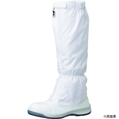 【特長】 ●足裏形状でフィットする3Dフットベットにより、足ブレが少なく安定した姿勢維持と歩行が可能です。 ●かかと部は納まりが良くなり、効率よく衝撃を吸収するので足への負担を軽減します。 ●又、アーチクッションと中足パッドが足のバネの役割を果たすアーチを支えています。 ●つまずき防止の為トウスプリングを上げ、凸部がない設計でつまずきを予防します。 ●エグリ形状になったかかとの部分が歩行時に変形し効率よく衝撃を吸収。 ●足への負担を軽減します。 ●つま先の損傷を防ぐ、ウレタン製「フルCAP」を搭載。 ●ソールとの一体成型により優れた耐久性も実現しました。 ●新設計のエッジが総ラウンド形状の凸型デザインを採用。 ●エッジの欠け、脱落を防ぎます。 【仕様】 ●寸法(cm)：27.0 ●足幅サイズ：EEE ●色：ホワイト ●電気抵抗値(Ω)：1.0×10［［の5-8乗］］Ω（23℃C2） ●クリーンパック有無：無 ●タイプ：フード ●JIST8103ED-O/C2/人工皮革/S合格 ●IEC61340-5-1に準拠 ●耐圧迫性荷重：10±0.1kN ●ファスナー付 ●電気抵抗値：1.0×10［［の5-8乗］］Ω（23℃C2） 【材質／仕上】 ●甲被：人工皮革 ●筒部：ポリエステル ●靴底：発泡ポリウレタン2層 ●先芯：ワイド樹脂 【注意】 ●クリーンパックではありません。 【入数】 ●1足 他のサイズはこちら 在庫のない商品は検索に表示されない場合がございます　