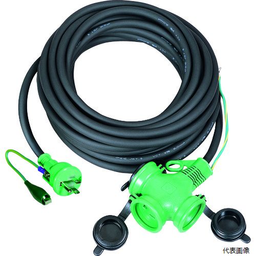 【特長】 ●アースクリップが切れても補修が可能な「リペアポッキンプラグ」採用の延長コードです。 ●屋外型延長コード ●コード先端が防雨トリプルコンセントです。 【用途】 ●屋外作業に。 【仕様】 ●電線仕様長さ(m)：10 ●電線仕様太さ(［［MM2］］)：2.0 ●電線仕様芯数(C)：3 ●コンセント仕様定格：2P・15A・125Vアース付 ●コンセント仕様形状：［［三相1］］ ●コンセント仕様個数：3 ●電線種：SVCT ●色：黒 ●接地アース：○ ●防雨キャップ付 【材質／仕上】 ●電線種：SVCT2.0［［MM2］］×3芯 【入数】 ●1本 他のサイズはこちら 在庫のない商品は検索に表示されない場合がございます　