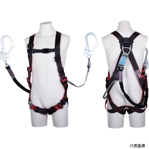 藤井電工 TH508-OHNV93SV-OT-BKR-L-2R23BX TSUYORON レヴォハーネス ダブルランヤード付き ロック機構付き巻取式ワン・ハンドリトラ＋伸縮式ノビロン(BK) 黒・赤 Lサイズ