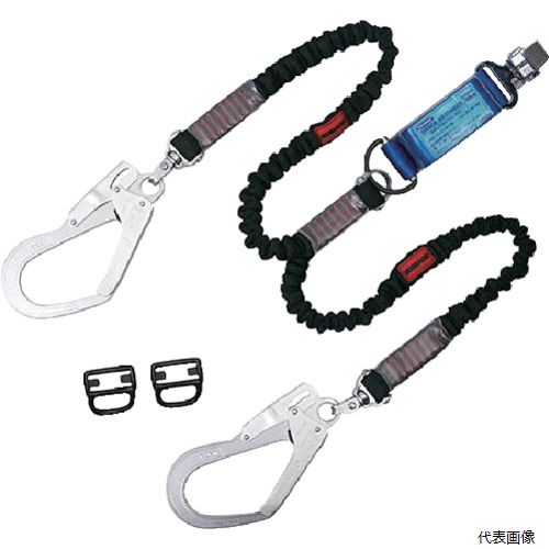 【特長】 ●使わない時には短く縮んでいますので、移動時の引っ掛かりなどを抑えることができます。 ●袋ベルト二重構造で、取替え時期明確にわかり、内層のオレンジベルトが見えれば取替えのサインです。 ●開口部と握り部がアルミ製の軽量フックを採用しています。 ●フック連結部が360°回転することにより、ロープのねじれ防止・自由な操作が可能です。 ●2丁を使用することで絶えず構造物とランヤードが接続された状態を維持し、フック掛け替え時の墜落を阻止します。 【用途】 ●工場、建設、土木、鉱山、橋梁工事、その他一般高所作業用 ●フルハーネスにセットしてご使用ください 【仕様】 ●タイプ：ツイン ●最大使用可能質量(kg)：130 ●色：黒 ●ランヤード長さ(mm)収縮時：1150〜1250 ●ランヤード長さ(mm)伸長時：1600 ●ランヤード幅(mm)：32 ●フックタイプ：軽量大口径SV回転フック ●フック口開き(mm)人体側：9 ●フック口開き(mm)構造物側：50 ●フック口開き(mm)：50 ●落下距離(m)：4.5 ●厚生労働省「墜落制止用器具の規格」適合品 ●ランヤード種別：タイプ1 ●ツインランヤードタイプ ●伸縮自在・軽量・コンパクトでキンクの起きないノビロンタイプ ●※品番末尾の表記について。BP：ブリスターパック　BX：箱入り（BOX）　HD：ポリエチ袋入り 【セット内容／付属品】 ●フックハンガーR-23 【注意】 ●ご使用前には取扱説明書を必ずお読みください。 ●始業点検を実施のうえ、ご使用ください。 ●点検において1項目でも廃棄基準に該当するものは、新品と取り替えてください。 ●一度でも大きな荷重が加わったものは使用せず、廃棄してください。 ●フルハーネスとランヤードは異なるメーカーのものを組合せて使用すると、十分な強度や機能が得られない場合があるため、同一メーカー同士の組合せを推奨します。 【入数】 ●1本 他のサイズはこちら 在庫のない商品は検索に表示されない場合がございます