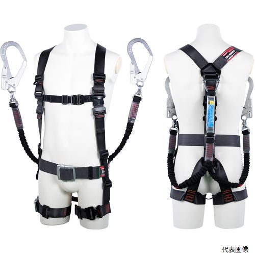 【特長】 ●胴ベルト部に道具取り付けスペースを幅広く確保したY型のフルハーネスで、多くの工具類を必要とする作業に最適です。 ●腿部は左右が独立しているので束縛感が少なく、動きやすさを高める水平型腿ベルトです。 ●ベルトの長さの調節範囲を広く取っているため、夏服・冬服でもピッタリ装着が可能です。 ●胴ベルトは3点支持なので腰の道具取付スペースが大きく、バランスが良いです。 ●ベルト素材にナイロンを使用し大変滑らかです。 ●使わない時には短く縮んでいるので、移動時の引っ掛かりなどを抑えることができます。 ●ロープが二重構造で、内層のオレンジベルトが見えれば取替のサインとなり、取替時期が明確に分かります。 ●開口部と握り部がアルミ製の軽量フックを採用しています。 ●フック連結部が360°回転することにより、ロープのねじれ防止・自由な操作が可能です。 ●2丁を使用することで絶えず構造物とランヤードが接続された状態を維持し、フック掛け替え時の墜落を阻止します。 【用途】 ●工場、建設、土木、鉱山、橋梁工事、その他一般高所作業用。 ●高さ2m以上の足場のある高所作業において、作業者の墜落・転落による危険を防止するために使用する墜落制止用器具に。 【仕様】 ●サイズ：L ●色：ダークグレー ●胴ベルト幅×長さ(mm)：50×1400 ●ベルト幅(mm)：45 ●最大使用可能質量(kg)：100 ●胸ベルト幅(mm)：30 ●腿バックル：ワンタッチ ●ランヤード長さ(mm)：1550 ●ランヤード幅(mm)：32 ●フック口開き(mm)：50 ●※品番末尾の表記について。BP：ブリスターパックBX：箱入り(BOX)HD：ポリエチ袋入り ●厚生労働省「墜落制止用器具の規格」適合品 ●胴ベルト付（アルミスライドバックル） ●背中ベルト：Y型 ●腿ベルト：水平型 ●ランヤード種別：タイプ1 ●ツインランヤードタイプ ●ランヤードは伸縮自在・軽量・コンパクトでキンクの起きないノビロンタイプ ●ランヤードは伸縮自在・軽量・コンパクトでキンクの起きないノビロンタイプ 【材質／仕上】 ●ハーネスベルト部・胴ベルト部・ロープ・ショックアブソーバ：ナイロン ●ハーネス胸バックル・ハーネス腿バックル・胴ベルトバックル：アルミ ●ハーネスベルト調整金具・ハーネス背中D環・フック回転部：スチール、ハーネスベルト通し・ハーネスD環止め・胴ベルト通し・フックハンガー：プラスチック ●胴ベルト先端金具：ステンレス、フック：スチール＆アルミ 【注意】 ●ご使用前には取扱説明書を必ずお読みください。 ●始業点検を実施のうえ、ご使用ください。 ●点検において1項目でも廃棄基準に該当するものは、新品と取り替えてください。 ●一度でも大きな荷重が加わったものは使用せず、廃棄してください。 ●フルハーネスとランヤードは異なるメーカーのものを組合せて使用すると、十分な強度や機能が得られない場合があるため、同一メーカー同士の組合せを推奨します。 【入数】 ●1本 他のサイズはこちら 在庫のない商品は検索に表示されない場合がございます　