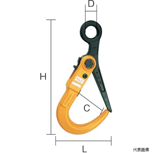 【特長】 ●開口部が大きいので、取り付け・取り外しが容易にできます。 ●吊り上げ時は自動的に閉鎖ロックが掛かり、ワークから外れることがなく安全です。 【仕様】 ●基本使用荷重(t)：1 ●全長(mm)：298 ●幅(mm)：140 ●本体厚さ(mm)：48 ●寸法(mm)C：80 ●寸法(mm)D：24 ●寸法(mm)H：298 ●寸法(mm)L：140 ●ラッチロック式 【用途】 ●敷鉄板の運搬・施工作業や安全フックとして直吊り作業に。 【材質／仕上】 ●特殊合金鋼 【注意】 ●レバーを操作する時に、ゆびづめに注意して下さい。 【入数】 ●1個 他のサイズはこちら 在庫のない商品は検索に表示されない場合がございます　