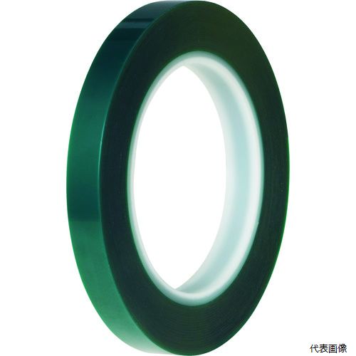 【特長】 ●耐熱性が高く耐薬品性にも優れており、メッキ工程や粉体塗装等の厳しい条件下で高い精度が必要な場面のマスキング、接着、表面保護に使用できます。 ●シリコン系の粘着剤の為、接着しにくい素材でも接着可能で、柔軟性のある基材の為、隙間なく貼れて塗料などが染み込みにくいです。 ●はがす際に糊残りが少ないため工程の削減が可能で、同様の他社品と比較しても経済性に優れます。 【用途】 ●車輌塗装用。 ●メッキ、粉体塗装時のマスキングに。 【仕様】 ●色：緑 ●幅(mm)：12.7 ●長さ(m)：65.8 ●厚さ(mm)：0.082 ●使用温度範囲(℃)：150℃(30分) ●粘着力(N/10mm)：4.4 ●引張強度(N/10mm)：99.8 【材質／仕上】 ●基材：ポリエチレンテレフタレート(PET) ●粘着剤：シリコン系 【入数】 ●1巻 他のサイズはこちら 在庫のない商品は検索に表示されない場合がございます　